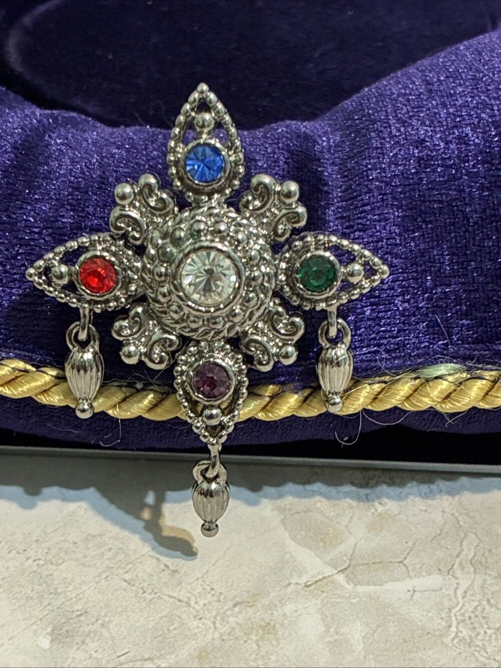 Bob Mackie Brooch Maltese Cross Signed Rhinestone Multicolor Dangle Vintage
